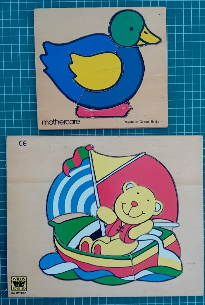 TWO Vintage Wooden Puzzles Mothercare Duck Willis Teddy