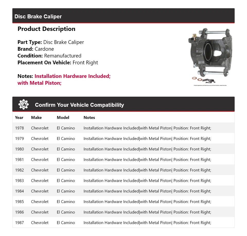 Pinza de freno de disco delantera derecha Cardone 1979 para Chevrolet El Camino 1978-1987 Foto 2 de 4