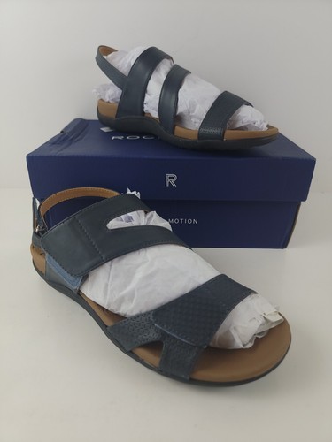 Rockport Womens 10M Ridge ASYM Leather Embossed Flat Sandals Shoes Navy