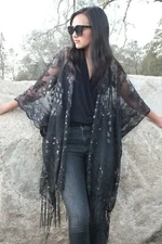 Black Sequin Lace Peacock Festival Kimono Duster Top One size Plus size