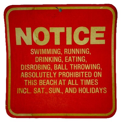 Vintage Cardboard Notice Prohibit Swimming Disrobing Drinking Eating Beach Sign