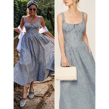Reformation Balia Dress Slate Check Blue White Gingham Linen Midi Size 12