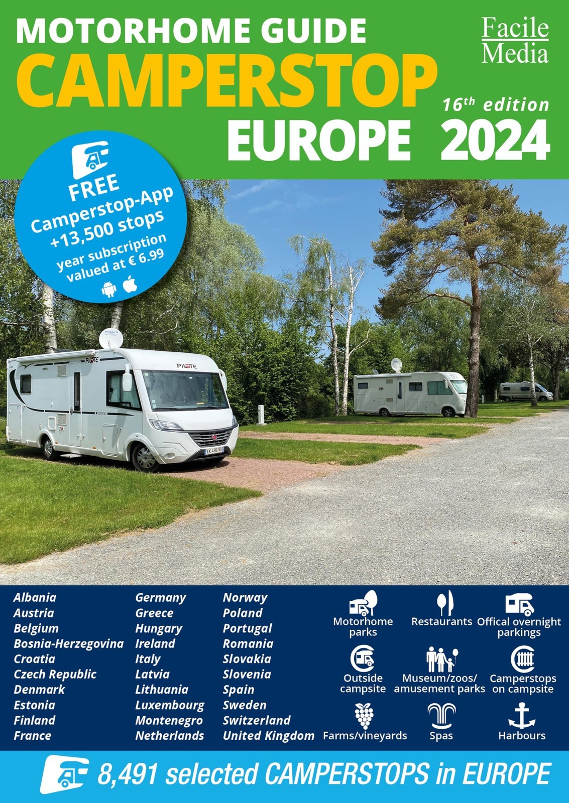 FACILE Motorhome guide Camperstop Europe 2024 30 countries GPS (Tascabile)