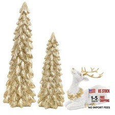 3 Pack Christmas Trees and Reindeer Figurines Decoration - 2 Glittered Gold