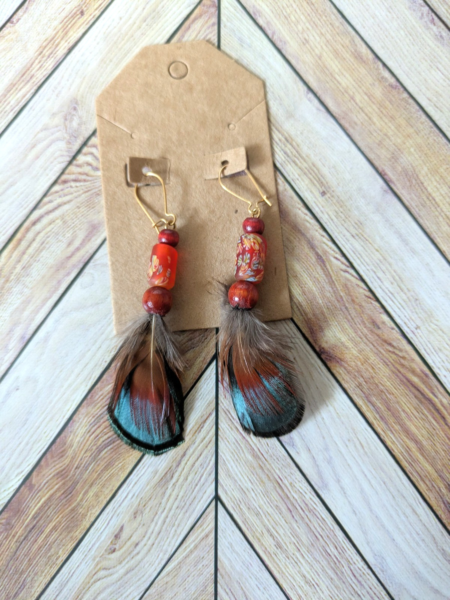 Vintage Feather Native Style Feather Beaded Earrings View 6