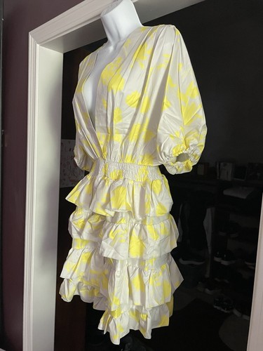 Shein Tiered Ruffle Dress Yellow & Tan Floral Print Sz S - Picture 5 of 13