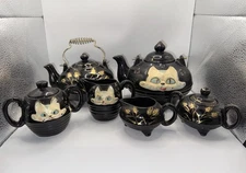 Vintage Black Cat Tea Set & Gold Wheat Tea Set Lot 6pc Japan 1950s MCM Kitsch
