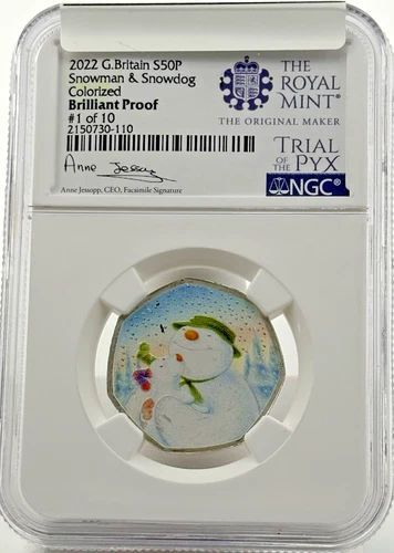 2022 Great Britain 50P Snowman & Snowdog Colorized Silver Proof  1/10 NGC
