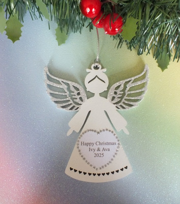 Personalisierter Christbaumschmuck weißer Engel 12 cm hoch jede kurze Nachricht.