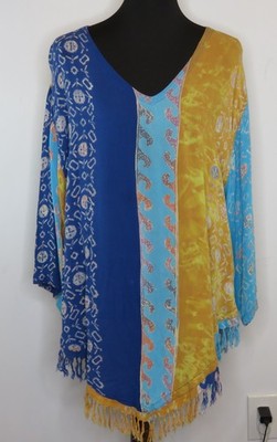 Mission Canyon Art To Wear One Size Blue Gold Shimmer Batik Point Hem Tunic Top