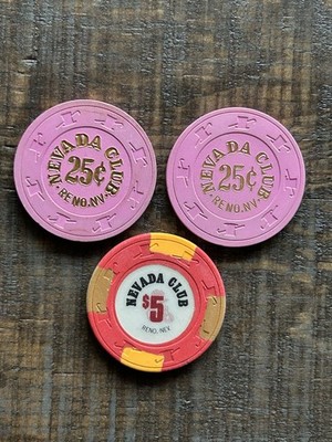 Vintage/Obsolete Nevada Club Reno Nevada Casino Gaming Chips Lot (3) 25c, $5