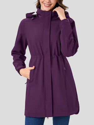 Lange wasserdichte Damen Fleecejacke mit Kapuze warm Softshell Winter Regen Mantel