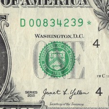 Series 2021 Star Note D Cleveland 3.2 M Pack Run $1 Dollar Bill FW D00834239*