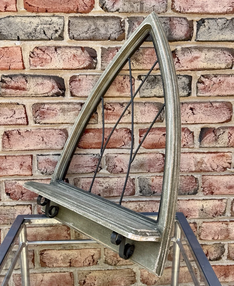 Gothic Wall Arch Shelf Distressed Wood And Metal Decor Country Charm 25” Sage - Image 2 of 4