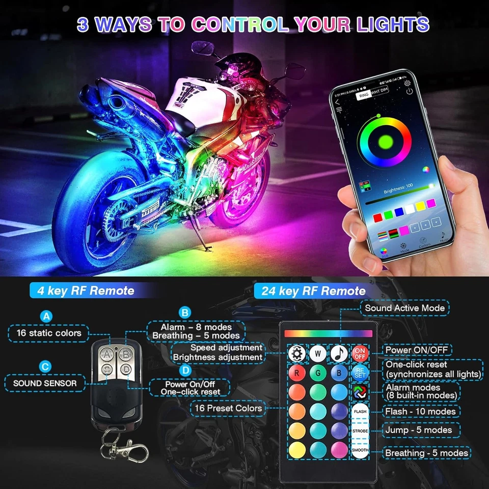 8PCS Segmented Motorcycle LED Lights Kit with Brake 8PCS(New), RGB Multicolor  - Image 3 of 4