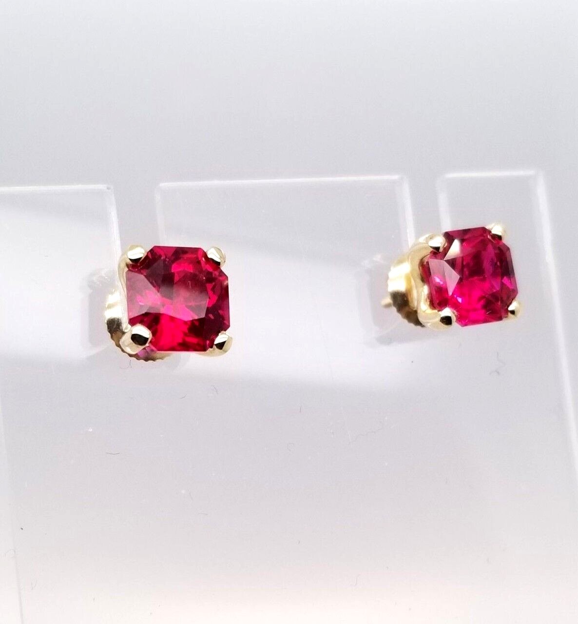 LAB-RUBY STUD EARRINGS SOLID 14K YELLOW GOLD Scre… - image 1