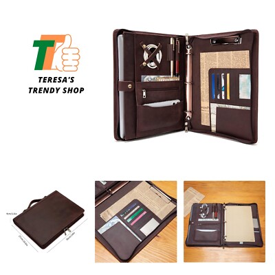 Handmade Genuine Leather Portfolio, Zippered Padfolio with 3 Ring Binder, Pro...