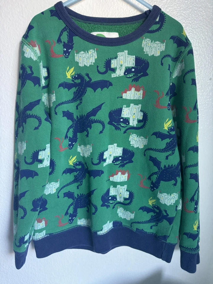 Mini Boden Niños Sudadera 9-10Y Verde Dragón Castillo Estampado Pullover Cuello Redondo Foto 3 de 4