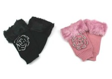 Women's Fingerless Gloves with Faux Fur Trim and Rhinestone Rose