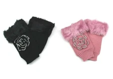 Women's Fingerless Gloves with Faux Fur Trim and Rhinestone Rose