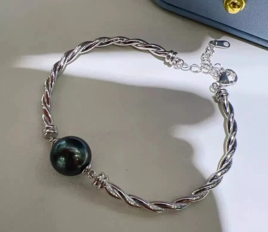 Impresionante 10-11mm Tahitiano Redondo Negro Verde Perla Pulsera 7.5-8" Suntuoso Regalo Foto 2 de 4