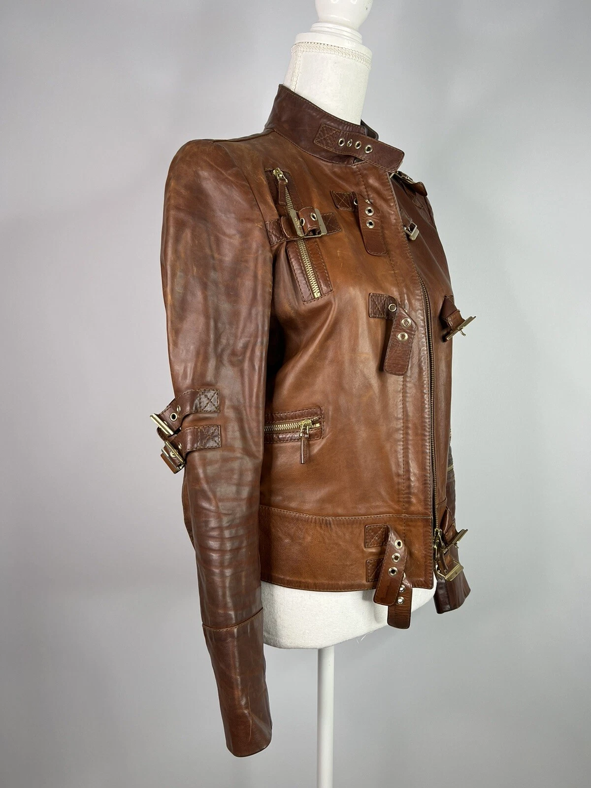 Gucci giacca di pelle da donna giubbino biker marrone taglia 36