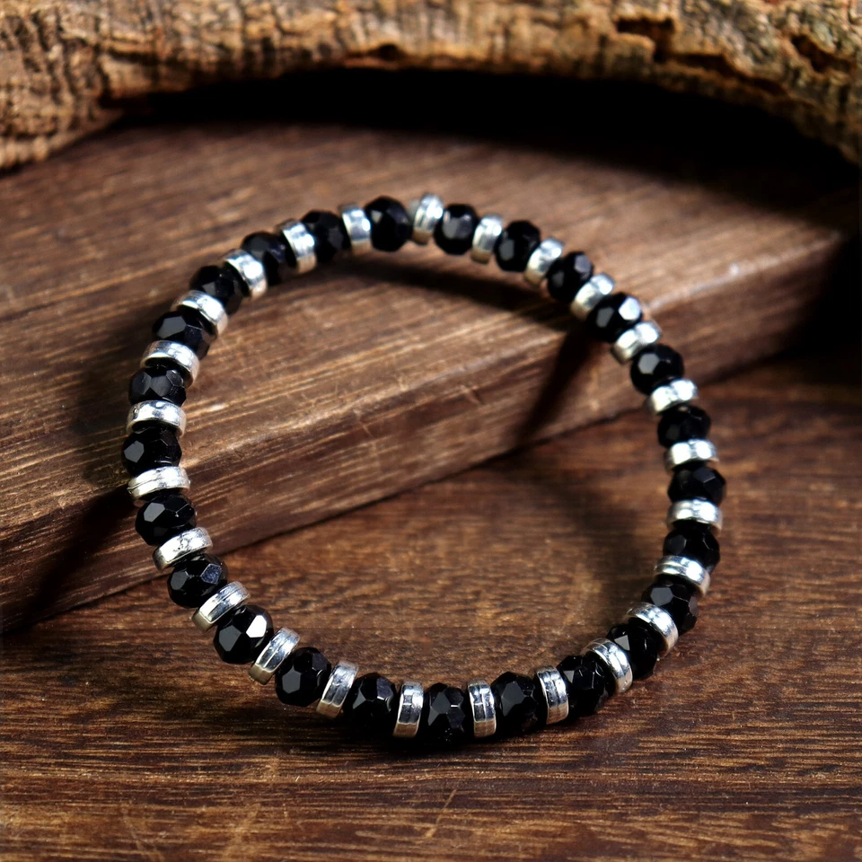 Мужской черный оникс и нержавеющая сталь 4 мм бисером панк браслет изящный ювелирных изделий подарок - Изображение 2 из 4