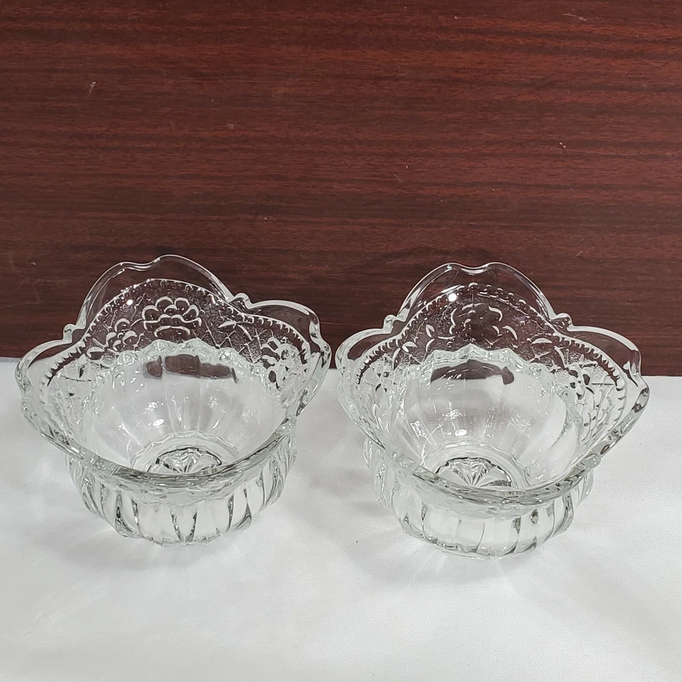 Set of 2 Floral Lace Votive Candleholder clear crystal embossed flowers fluted  - Image 3 of 4
