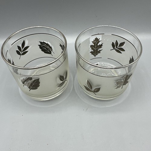Vintage Libbey Silver Leaf Foliage Old Fashioned Rocks Glasses Frosted MCM Set/2 - Picture 6 of 9