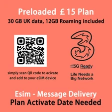 THREE 3 UK Network Preloaded UK EU £10 Data PACK Go Roam esim message delivery