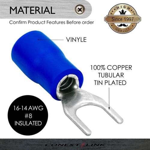Blue Fork Spade Terminals 16-14 Gauge #8 Vinyl Insulated Crimp Wire Connectors - Picture 3 of 5