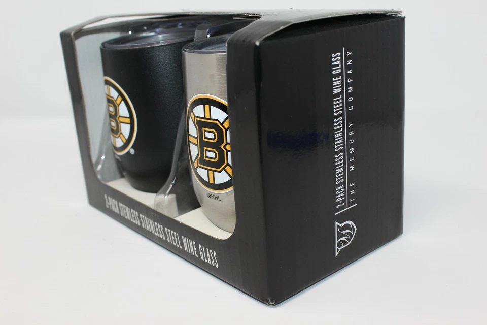 New Memory Company Boston Bruins NHL paquete de 2 copas de vino de acero inoxidable con tapa. Foto 2 de 4