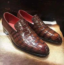 Bespoke Men's Handmade Brown Alligator Leather Print Slip On Loafer Casual Shoes