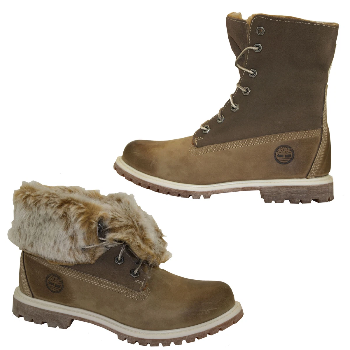 Timberland Authentics Fold Down Boots Artificial Fur Women Lace up Shoes 3758R