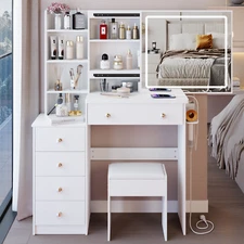 Vanity Desk Makeup Table Set Dressing Desk w/ Mirror & 6 Drawer White/Black