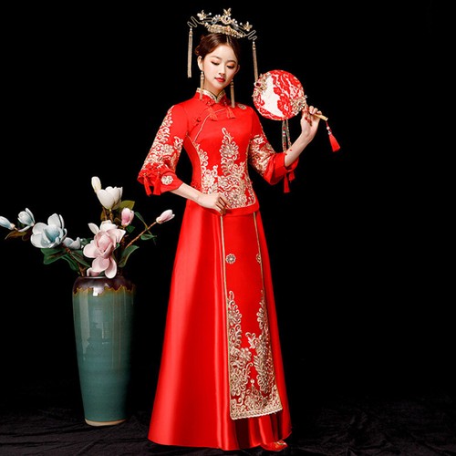 Chinesisches traditionelles Brautkleid Damen Seide Cheongsam lang Qipao Größe M-5XL - Bild 4 von 7