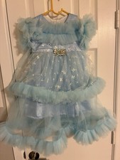 Girls Blue Tulle Ball Gown Dress Sleeveless Glitter Bow Ruffle Party Formal