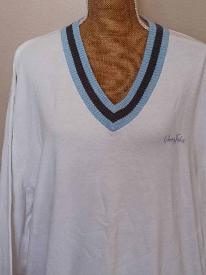 Vintage Y2K Sean John White 3XL, Mens V-Neck Long Sleeve Cotton Sweater, NEW - Image 2 of 4