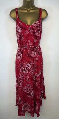 Per Una Dress Pink Red Floral Bead Detail Tassel Belt V Neck Lined Midi UK 14