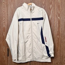 Nike Men Track Jacket Shirt Lined Tan Navy Swoosh Logo Full Zip Casual Outerwear