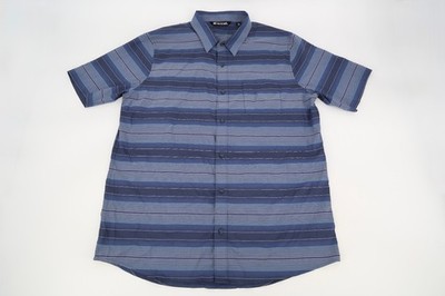 Travis Mathew Mens XL Blue Stripe Performance Nylon Short Sleeve Button Up Shirt