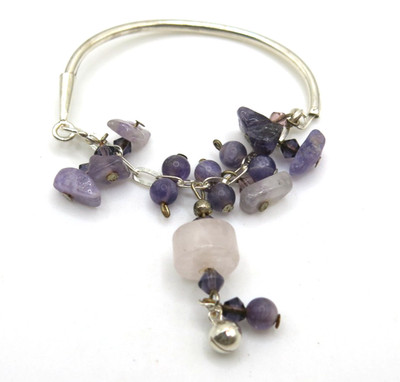 Handcrafted Sterling Silver 925 Cuff Bracelet Natural Amethyst & Rose Quartz 7''