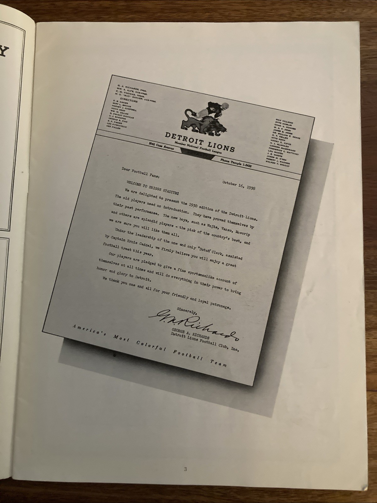 1938 DETROIT LIONS vs. WASHINGTON REDSKINS FOOTBALL PROGRAM/“DUTCH” CLARK!!!