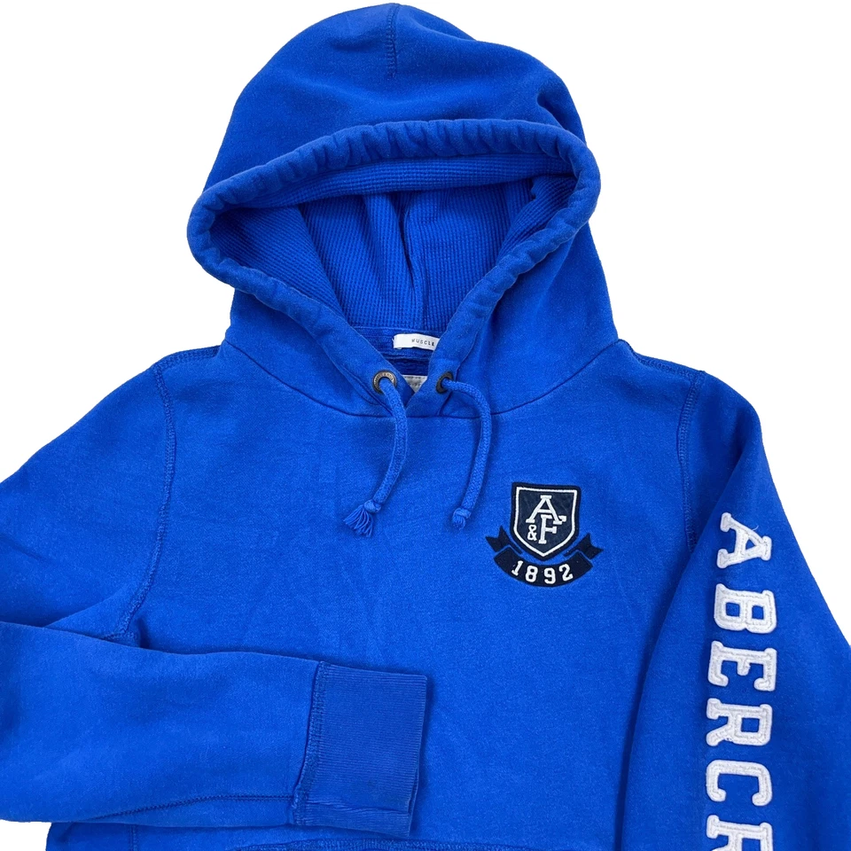 Vintage Y2K Abercrombie & Fitch Hoodie Men Medium Blue White Muscle Spellout - Image 2 of 4