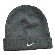 Nike Youth Black Cuffed Knit Beanie Hat White Swoosh Logo 617346-010