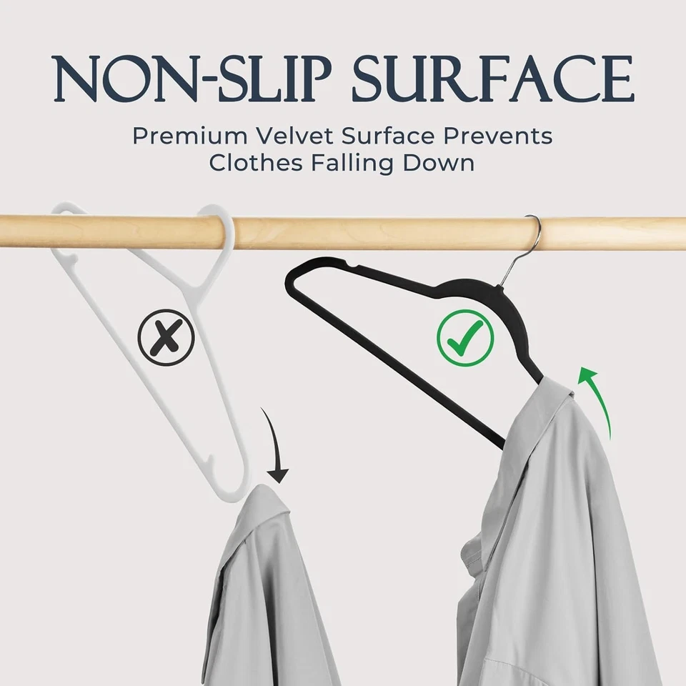 Paquete de 60 perchas de terciopelo negro, perchas de fieltro antideslizantes de alta resistencia para abrigo Foto 2 de 4