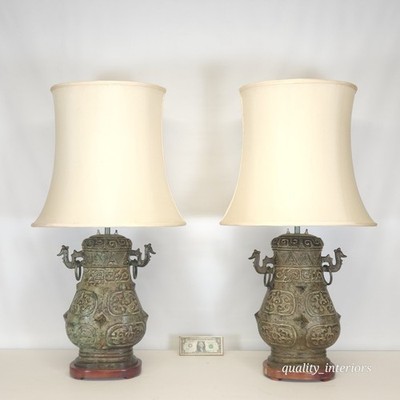 Pr James Mont Marbro Style Chinoiserie Verdigris Bronze 2-Light 38