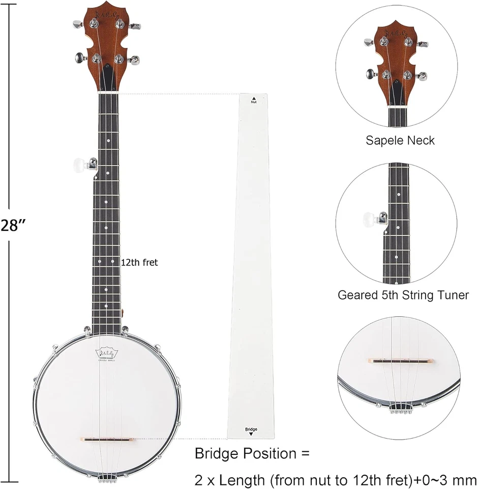 5 String Banjo Mini -  26 Inch Travel Banjo Sapele Body Closed Solid Back Beginn - Image 3 of 4
