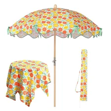 LAGarden Our Beach Umbrella Beech Wood Pole w/ Tablecloth Orange Grapefruit