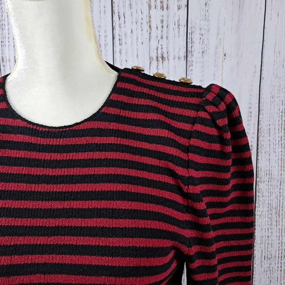Винтажный свитер 80-х ADOLFO SAKS FIVE AVENUE S красная черная полоса с пухлыми плечами - Изображение 4 из 4